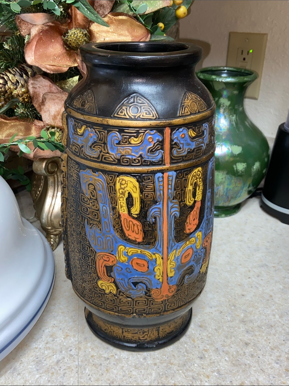 Decorative Black Ceramic Vase with Multicolor Relief Accents